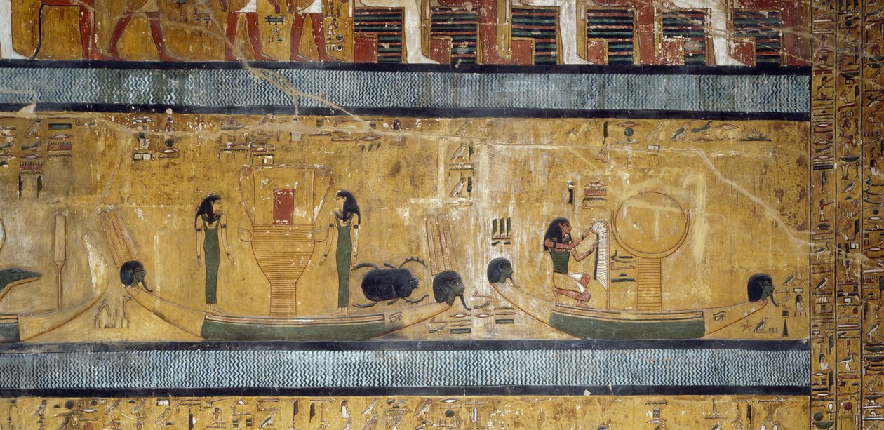 Boats with Sistrums, Goddesses and Scarab, God with Ostrich Feather and Moon by Egyptian 19th Dynasty