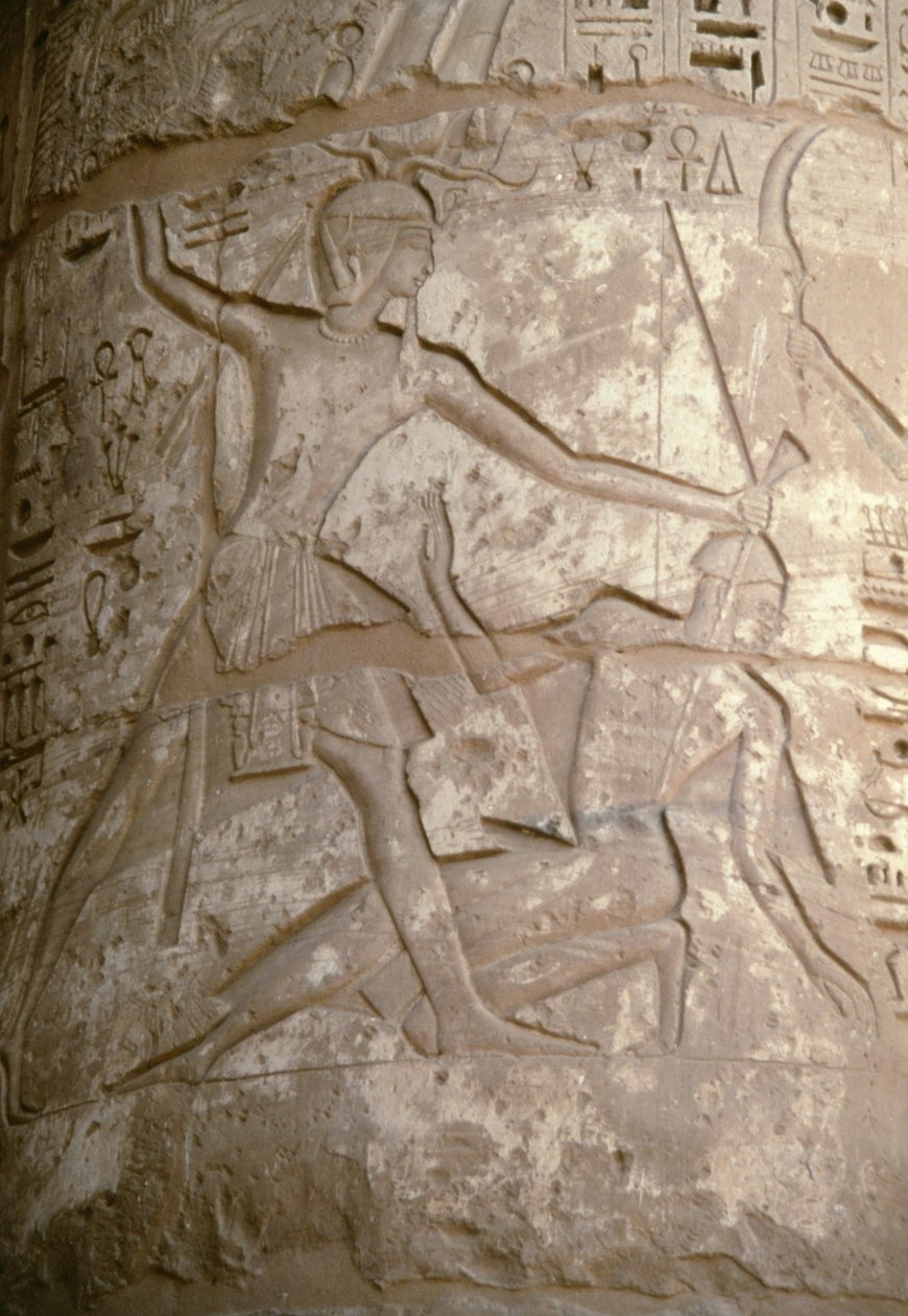 Ramses holding his Asian enemies by their hair while he is preparing to slay them, relief, Temple of Seti I, Kanais, Egypt, Egyptian civilization, New Kingdom, Dynasty XIX by Egyptian 19th Dynasty