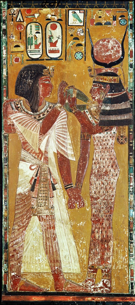 Relief depicting the Goddess Hathor placing the magic collar on Seti I by Egyptian 19th Dynasty