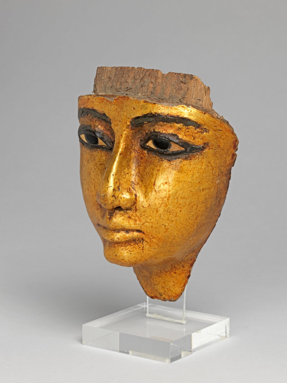 Face from a coffin, with eyes and eyebrows inlaid, gilded by Egyptian 20th Dynasty