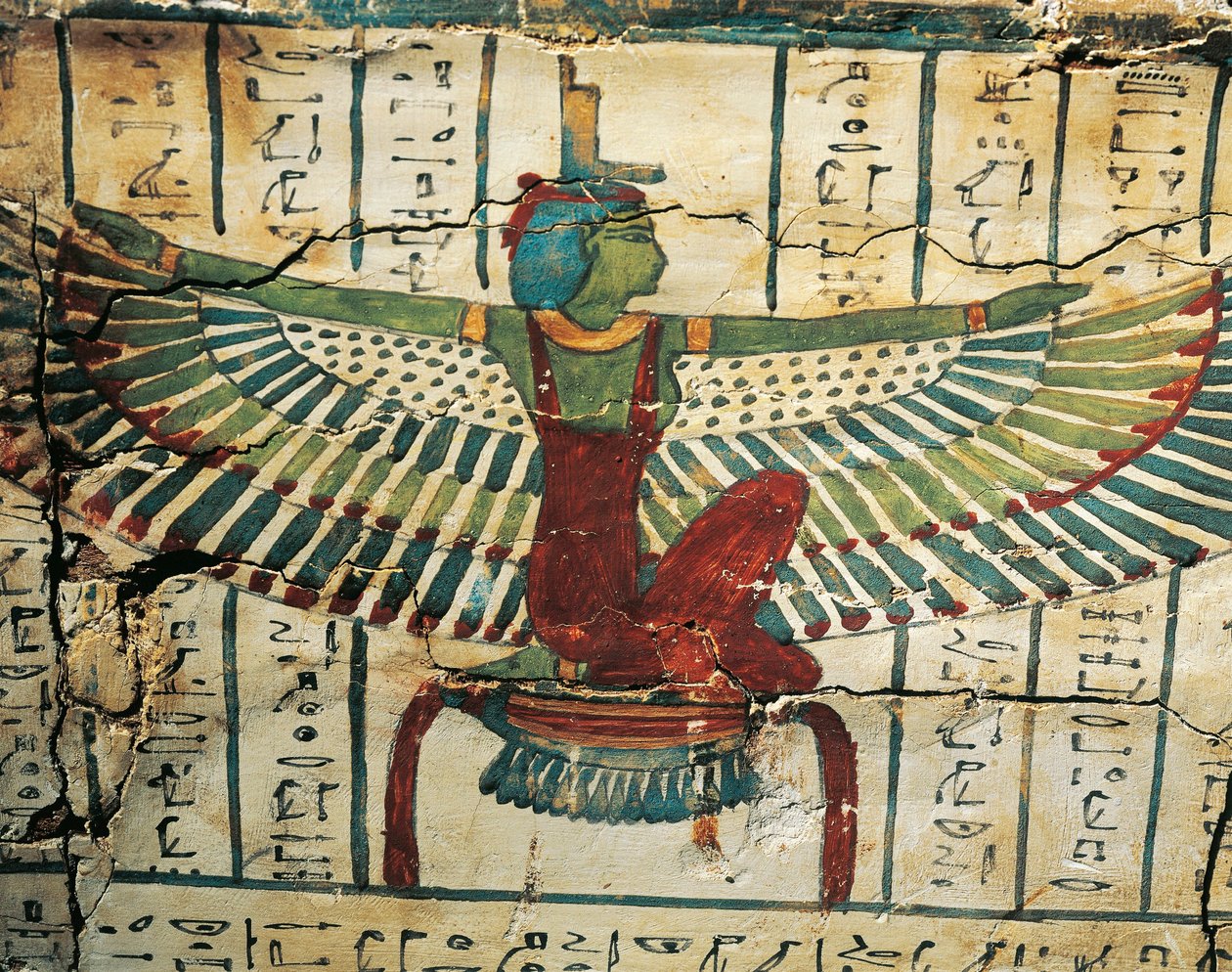 Painted, Lacquered Wood, Depicting Goddess Isis with Spread Wings, on Sarcophagus of Cesraperet from West Thebes by Egyptian 25th Dynasty