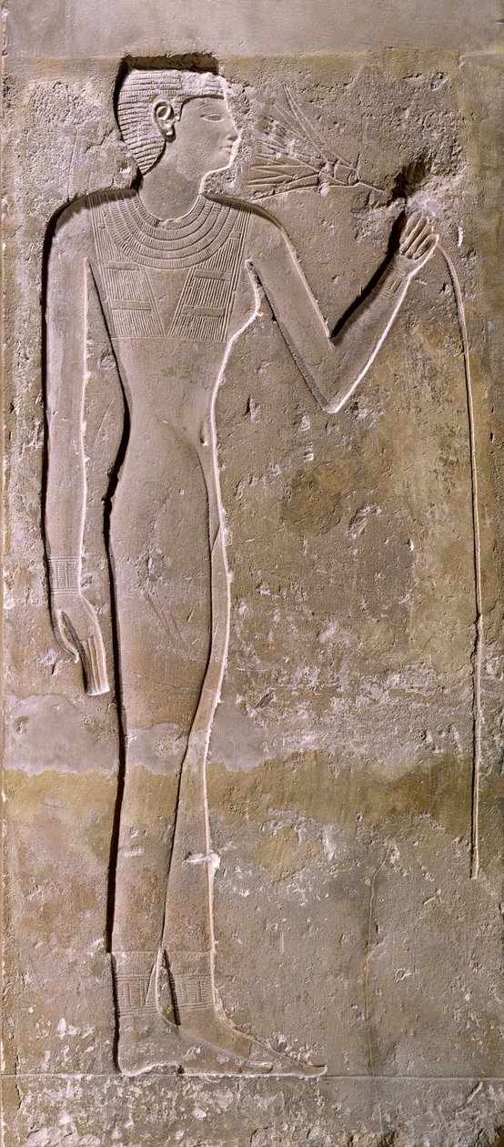 Pillar Depicting a Woman Smelling a Lotus Flower by Egyptian 5th Dynasty
