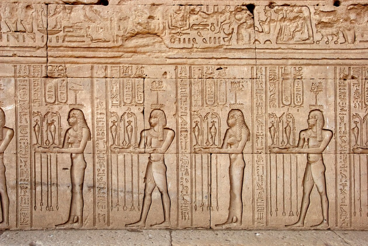 Egyptian antiquity: offerings and tributes presented to the goddess, Temple of Hathor, Denderah, Egypt by Egyptian Ptolemaic Period