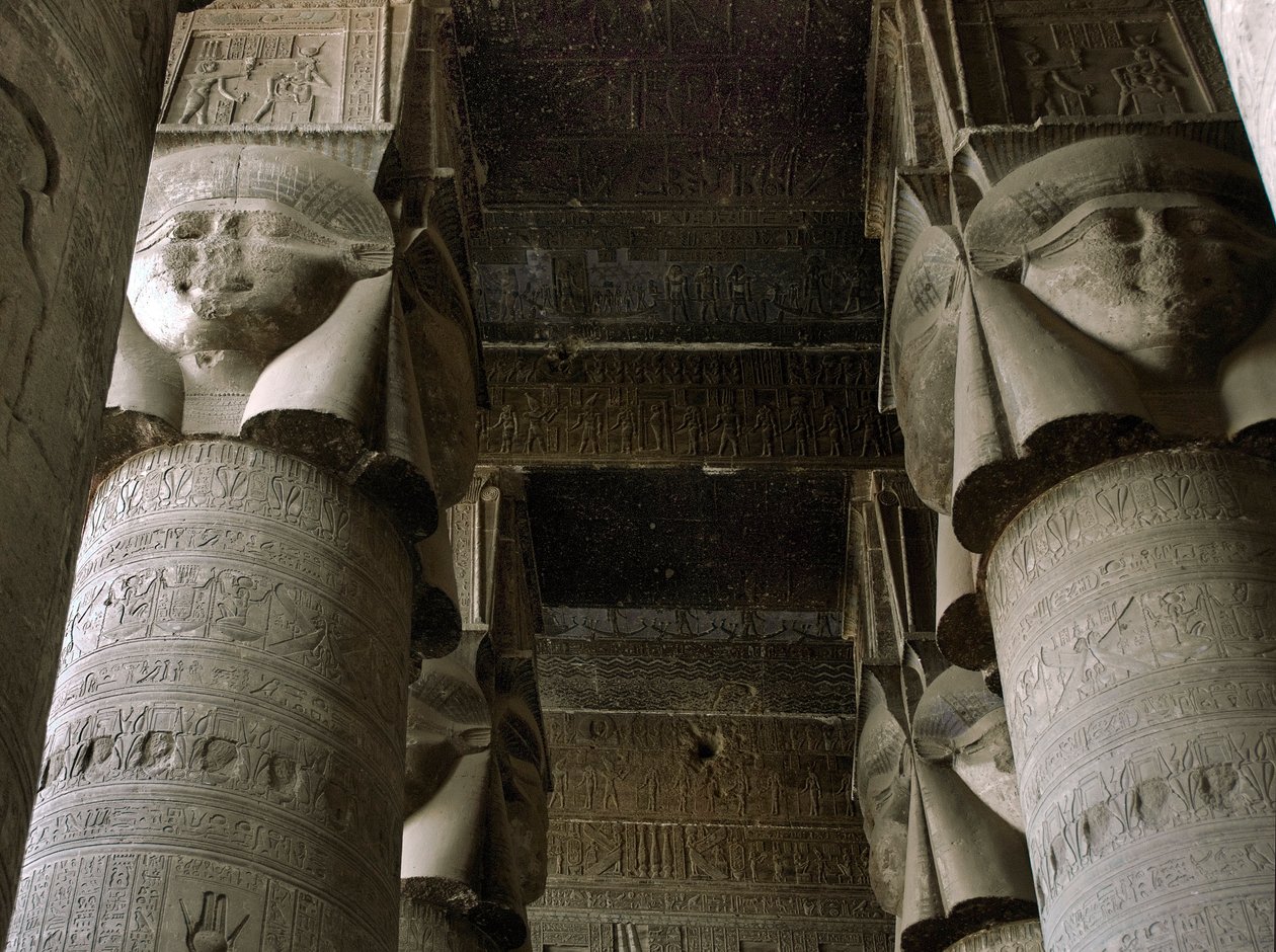 Egyptian Antiquity: Partial View of the Hypostyle Room with Columns Decorated with the Representation of the Goddess Hathor. Temple of Hathor, Denderah, Egypt by Egyptian Ptolemaic Period