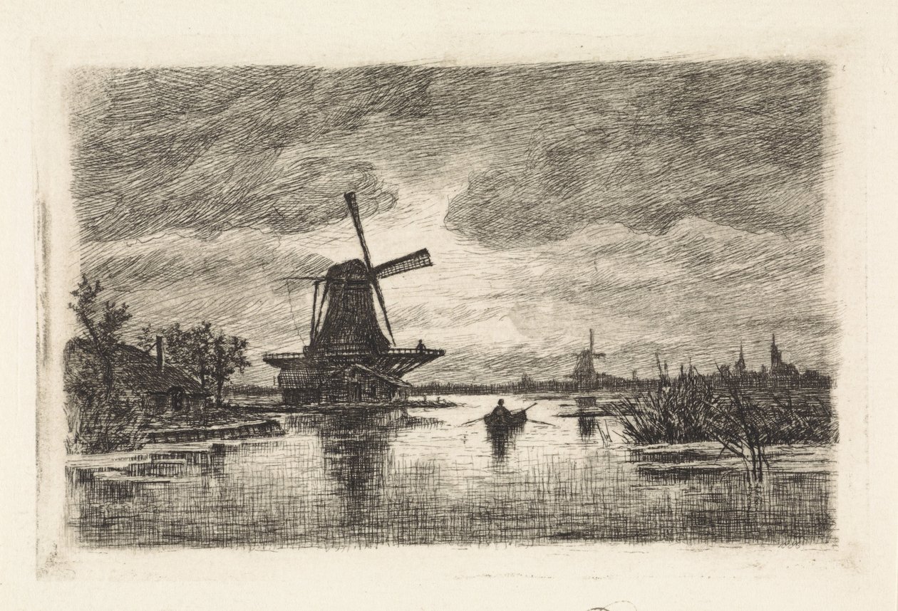 Landscape with Two Windmills and a Rowboat by Elias Stark