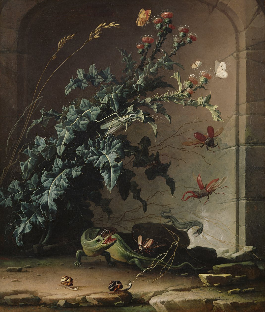 Stone Niche with Thistle, Lizard and Insects by Elias van den Broeck