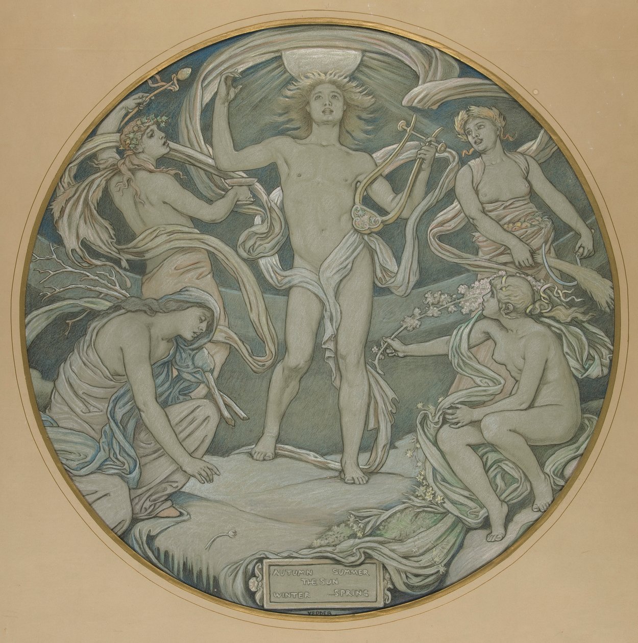 Cartoon for Center Circle of Huntington Ceiling: Apollo and Attendants by Elihu Vedder