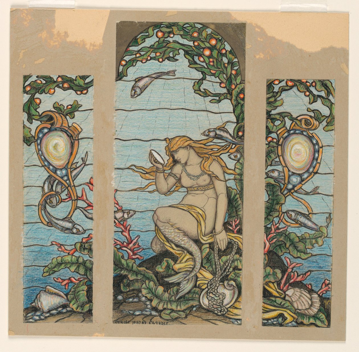 Design for Stained Glass Window, The Mermaid Window, for the A.H. Barney Residence, New York, NY, 1882 by Elihu Vedder