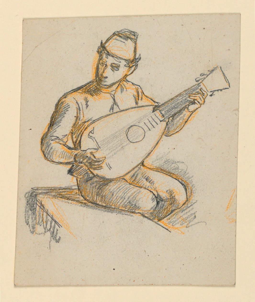 Seated boy playing a lute by Elihu Vedder