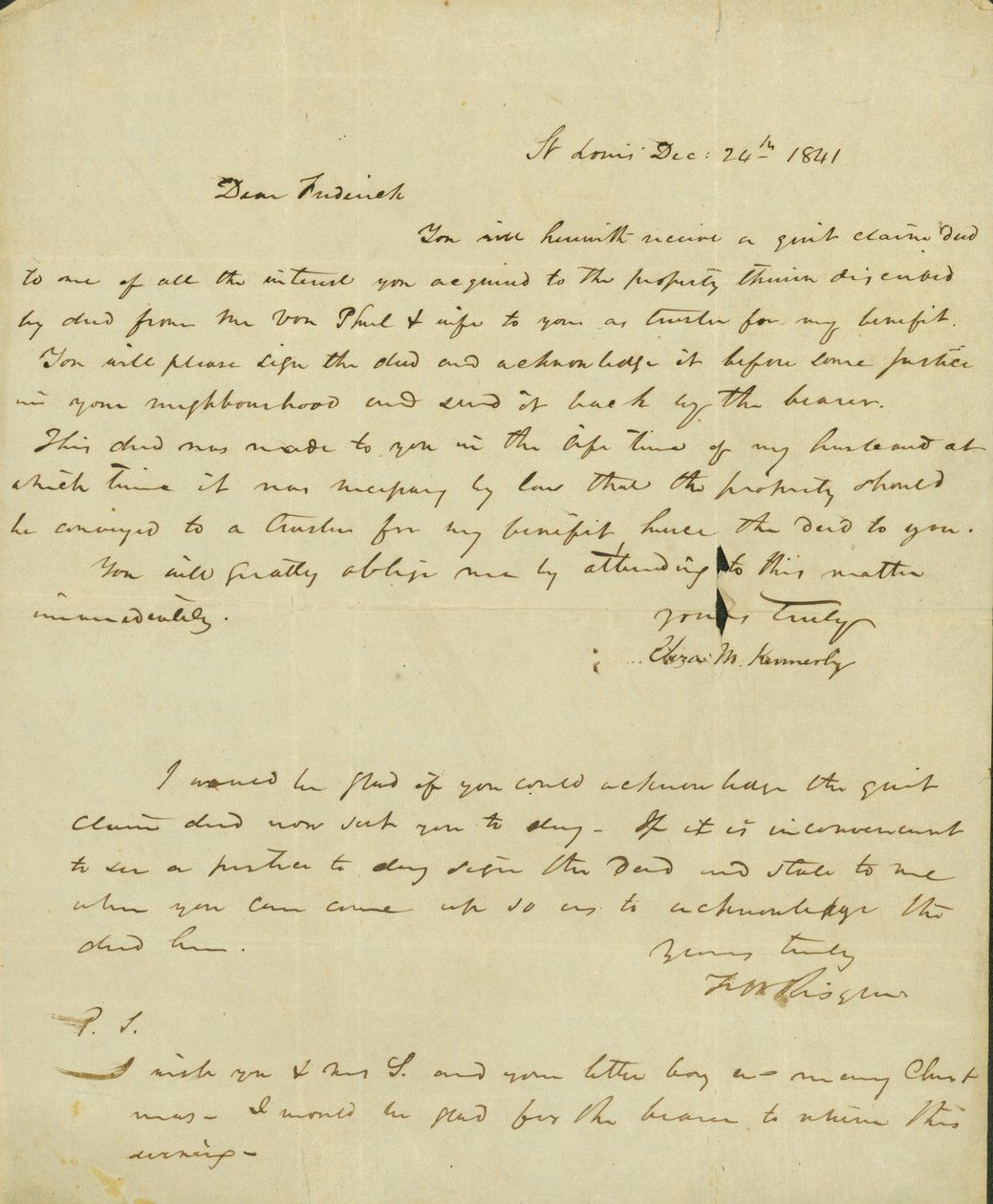 Letter to Frederick Saugrain from Eliza Kennerly, December 24, 1841 by Eliza Kennerly