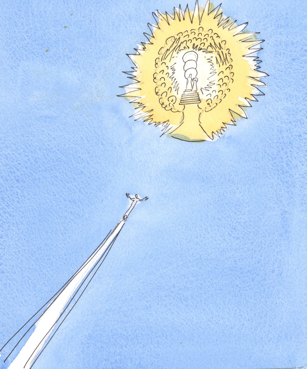 A soul released from Purgatory soars like a rocket towards the distant 