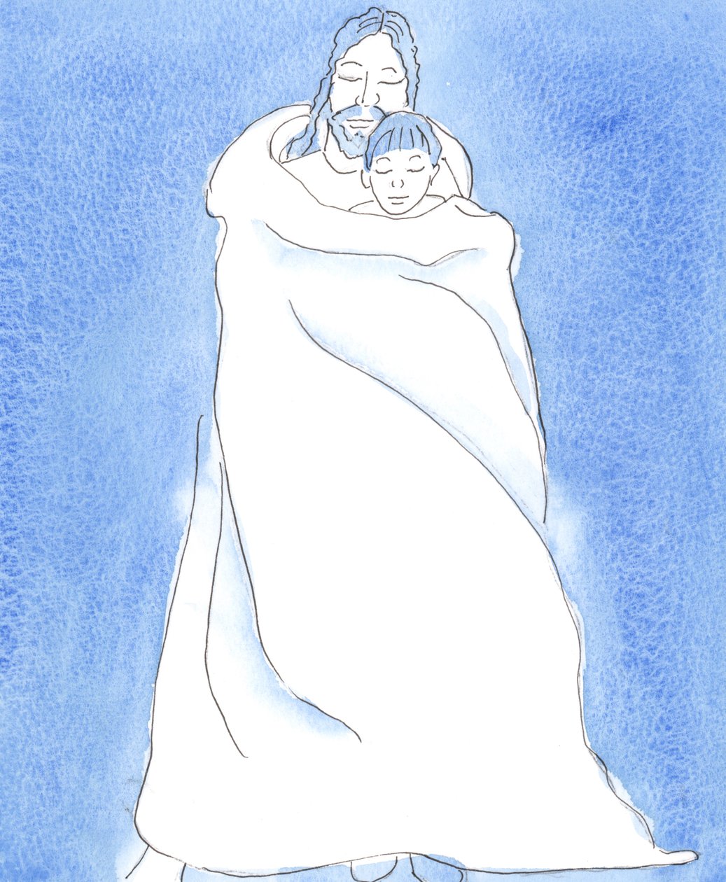 Christ stands by us in Holy Communion, wrapping us in His cloak, as a man cloaks a friend in a storm, to hold His friend close and to give him protection, warmth and consolation by Elizabeth Wang