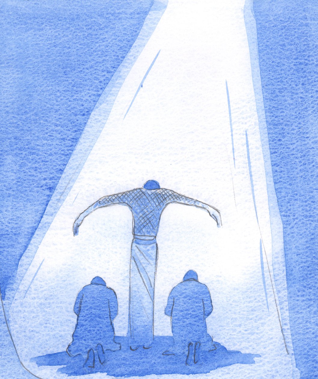 The suffering Saviour stands, with outstretched arms, to shelter ...
