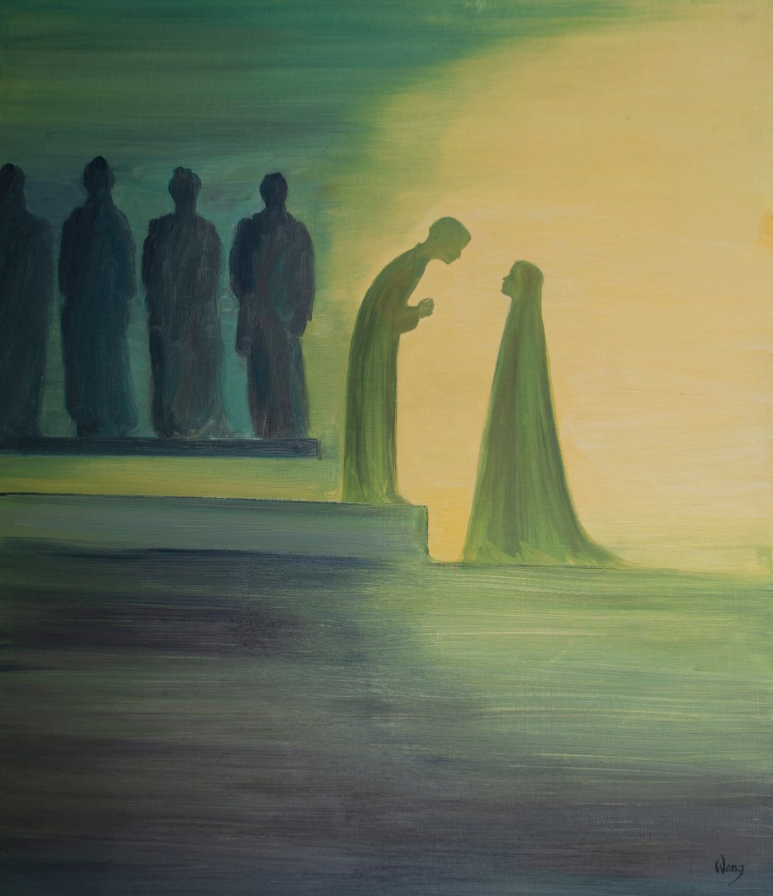 When the child Jesus was found in the Temple, He leaned forward, quietly explaining to His Holy Mother (with infinite kindness) that His work had already begun. by Elizabeth Wang