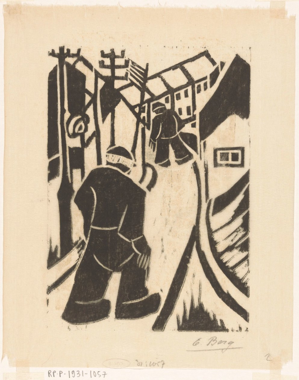 Two Figures in Village Street by Else Berg (signed by artist)
