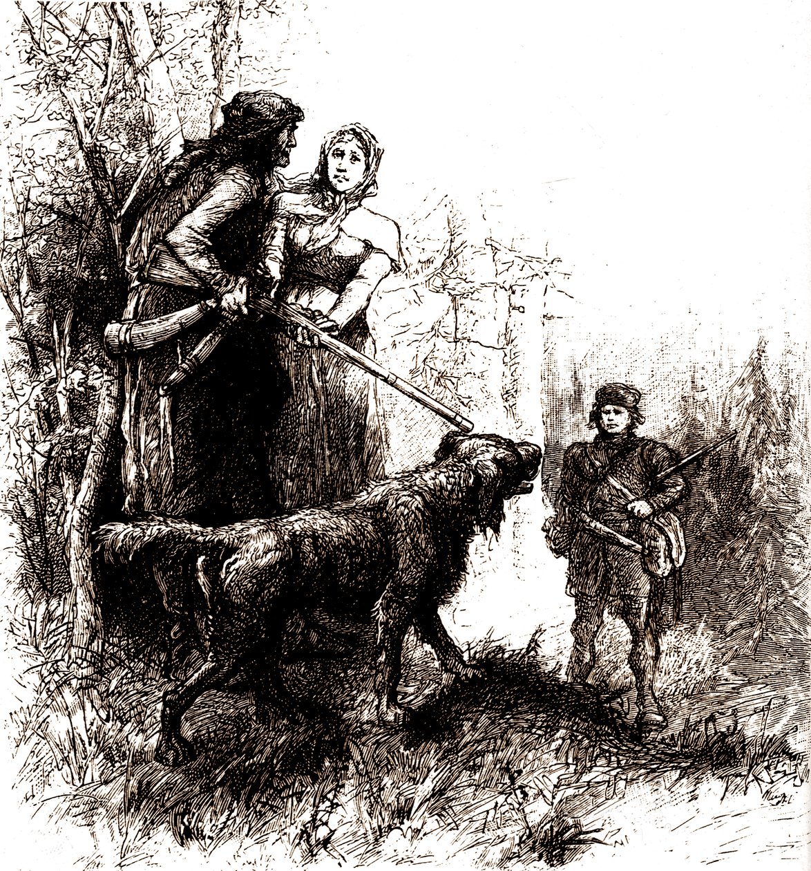 Old Trapper Natty Bumppo and His Dog Hector with Helene Wade and Bee Hunter Paul Hover by Elviro Michael Andriolli