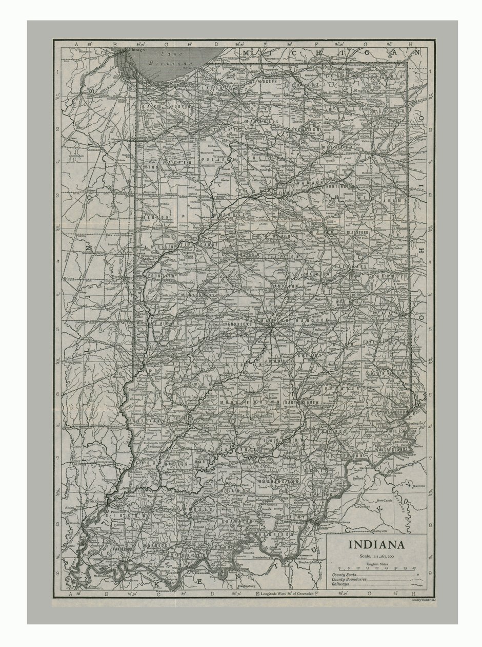 Map of Indiana, USA, c1900s by Emery Walker