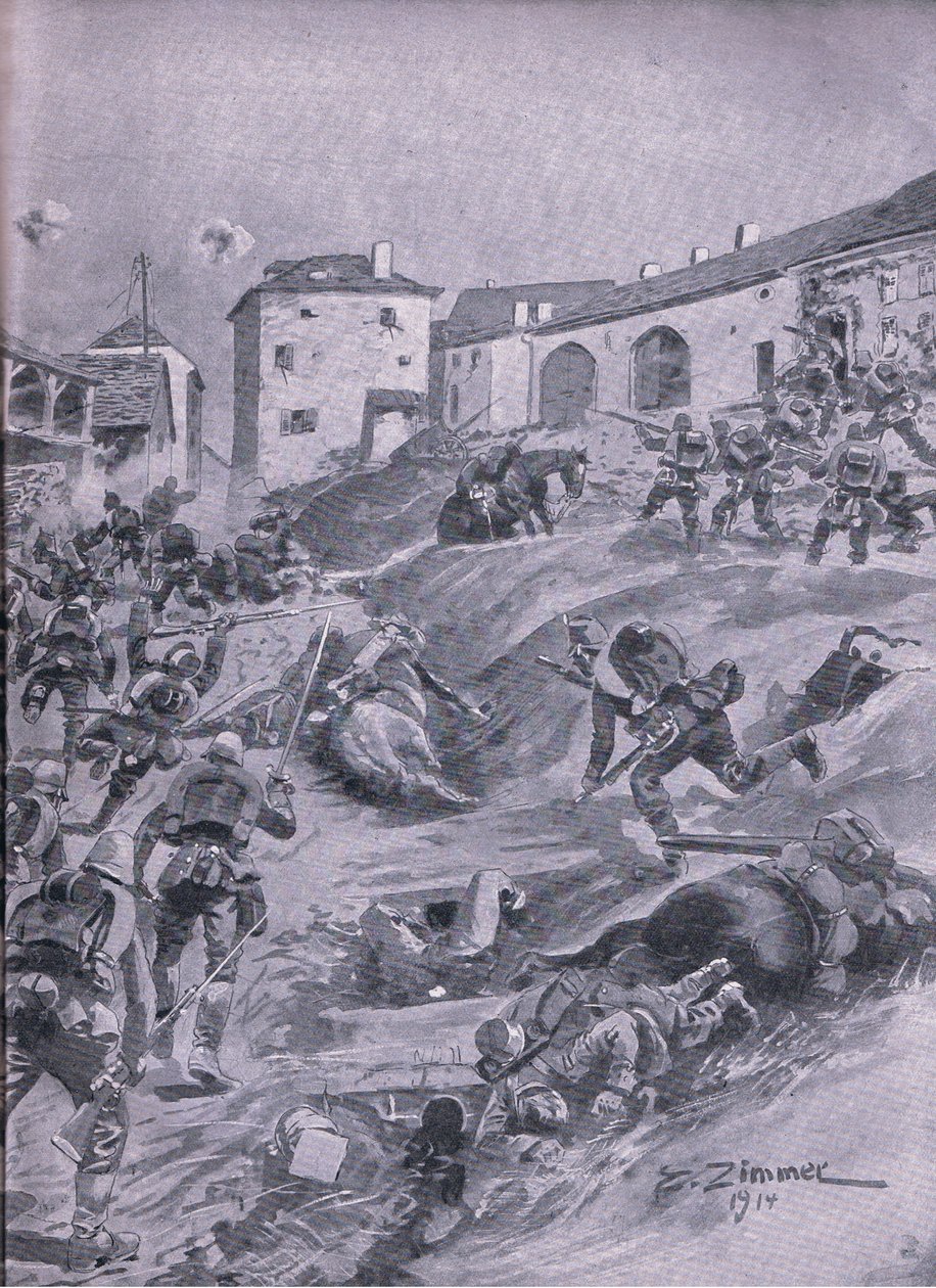 The Aschaffenberg 2nd Bavarian Hunter Battalion at Lagarde August 1914, from The Illustrated History of the World War 1914-1915 pub. by Union Berlagsefellfchaft by Emil (after) Limmer