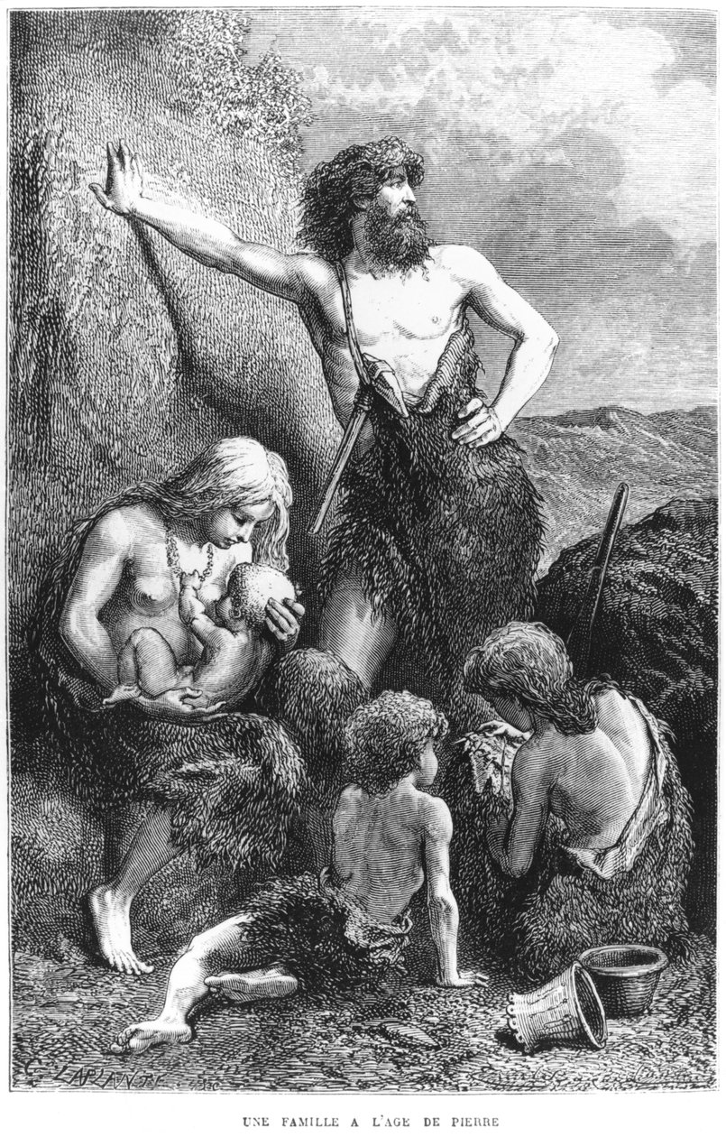 A family during the stone age, illustration from 