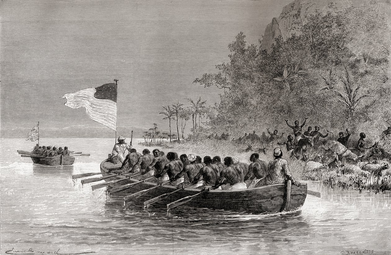 Dr. David Livingstone in the first boat, flying the English flag, and Henry Morton Stanley in the second boat, flying the American flag, during their expedition in Africa in 1872, illustration from 