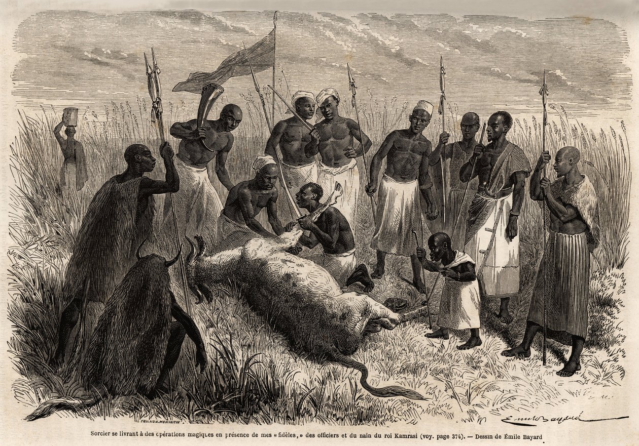 A sorcerer engages in magical operations on a slaughtered beef in Uganda, drawing by Emile Bayard, illustrating Captain Speke