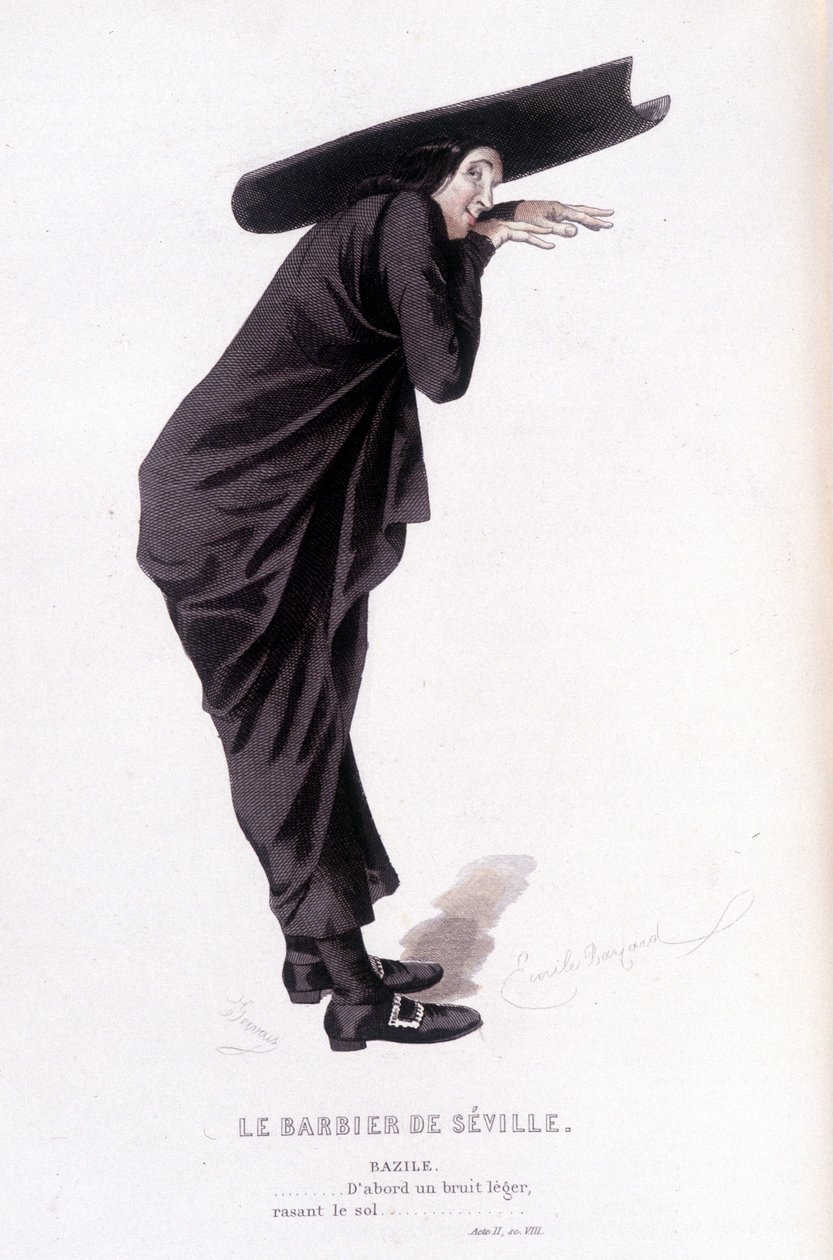 Complete work by Beaumarchais (1732-1799) by Edouard Fournier. drawing by Emile Bayard. Ed. Laplace, Sanchez et Cie, Paris 1876. This is Bazile in “The Barber of Seville” by Emile Antoine Bayard