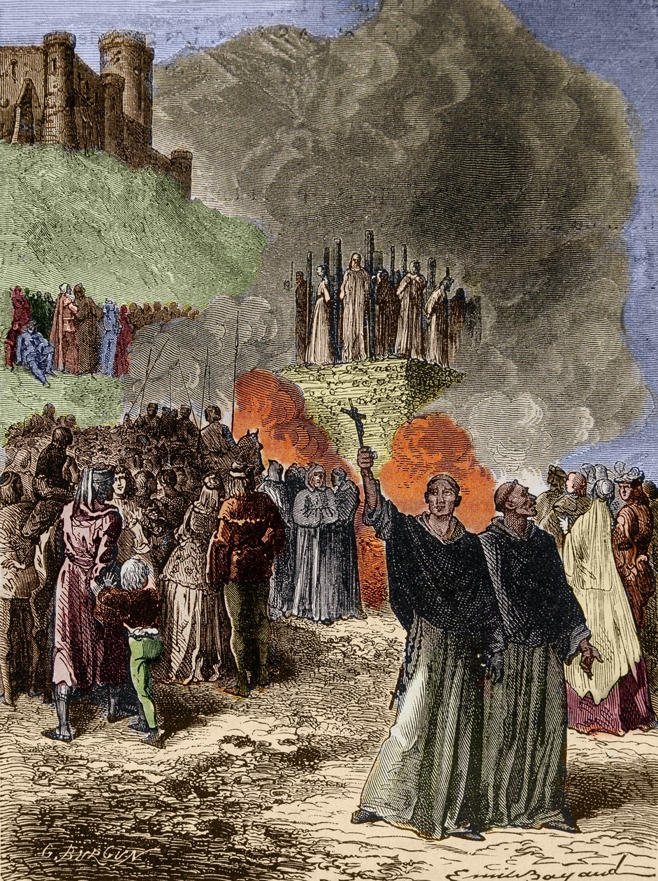 Crusade against the Albigeois - The last defenders of Montsegur (Cathare) burned on the butcher in 1244 - Engraving by Emile Bayard after G. Burgun by Emile Antoine Bayard