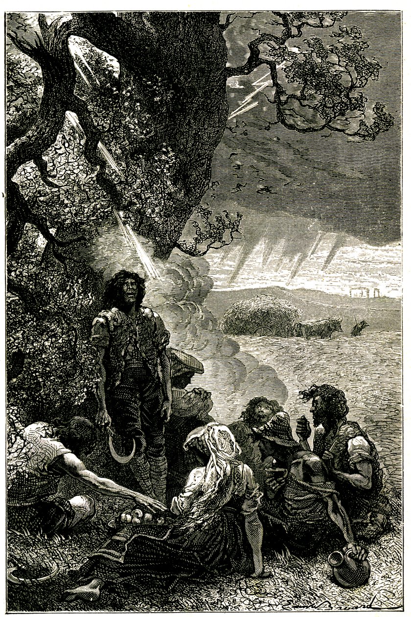 Group of harvesters struck by lightning while sheltering under a tree during a storm by Emile Antoine Bayard