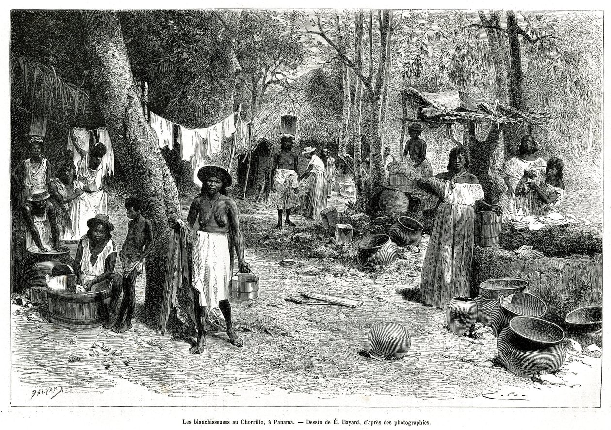 Les blanchisseuses au Chorillo, Panama, engraving after a drawing by E.Bayard, to illustrate the story Exploration at the isthmus of Panama and Darien, by A. Reclus, lieutenant of ship, from 1876 to 1878, published in the tour du monde, under the direction by Emile Antoine Bayard