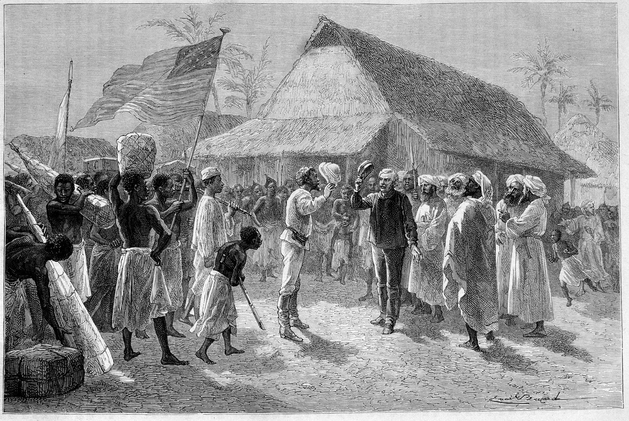 Meeting between Sir Henry Morton Stanley (1841-1904) and David Livingstone (1813-1873), in “Le Tour du Monde” by Emile Antoine Bayard