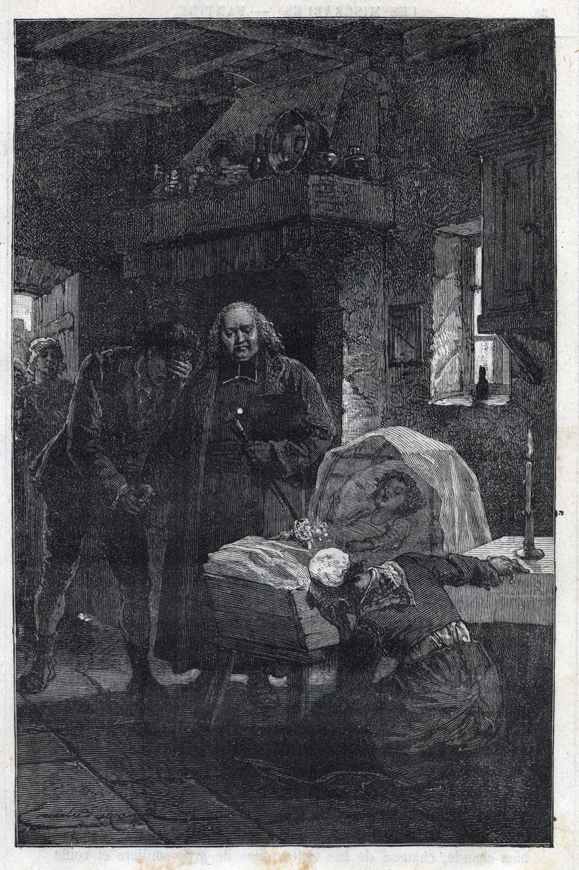 The Myriel Bishop with a Mourning Family - Illustration by Emile Bayard for The Miserables - First Part: Fantine by Victor Hugo 1862 by Emile Antoine Bayard