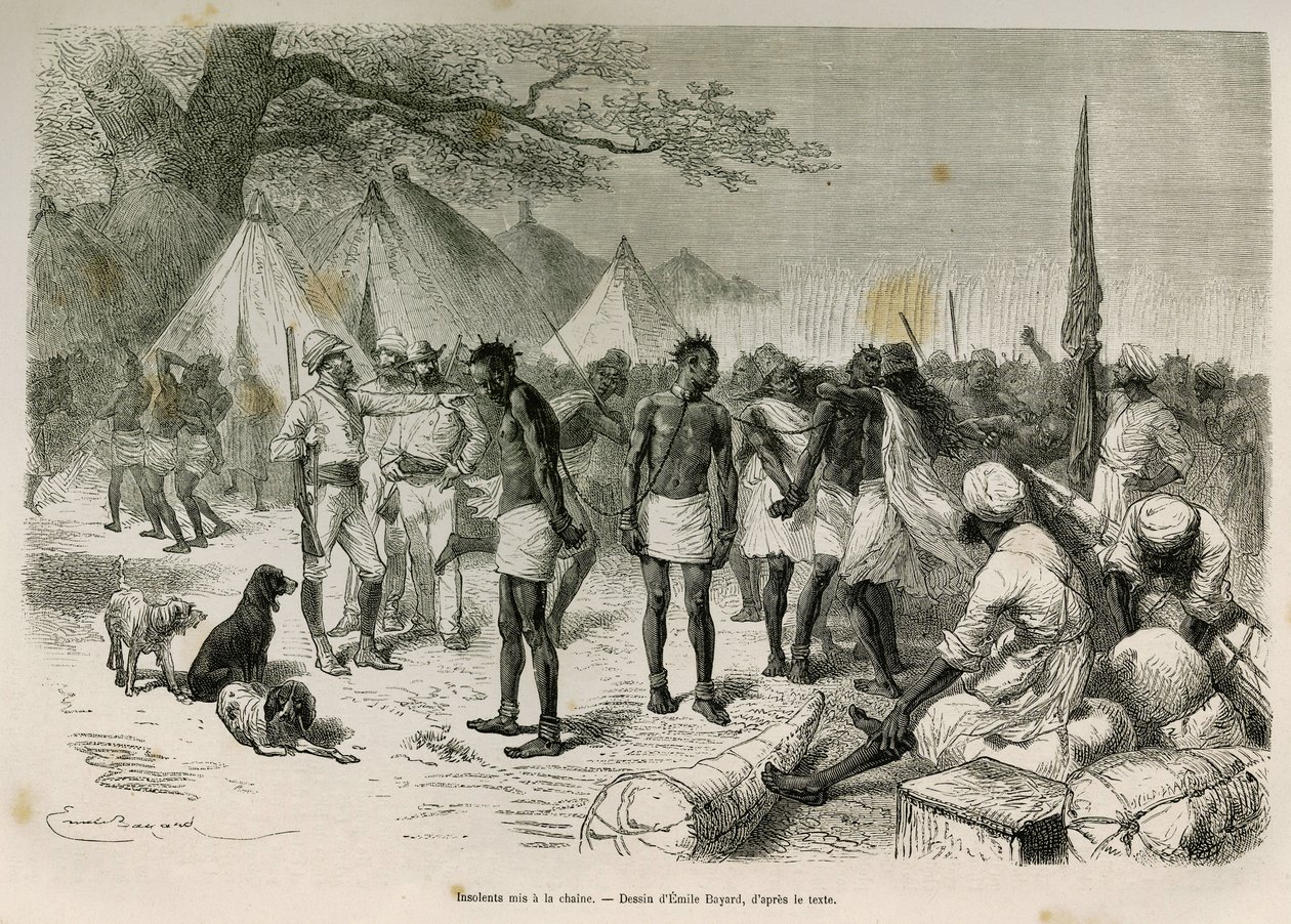 The insolent carriers of the expedition put to the chain (Drawing by Emile Bayard) by Emile Antoine Bayard