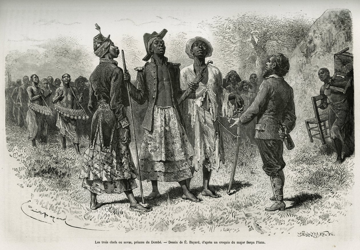 The three conductors (or sovas), princes of Dombe (Angola), and their suite of musicians and courtier, coming to meet the explorer S.Pinto. Engraving by Emile Bayard, to illustrate the story how I