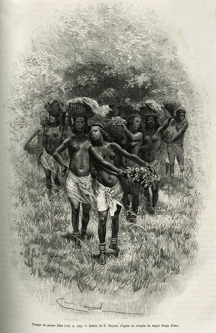 Troop of Young Girls Carrying Baskets Filled with Food for the Supply of S. Pinto and His Men by Emile Antoine Bayard