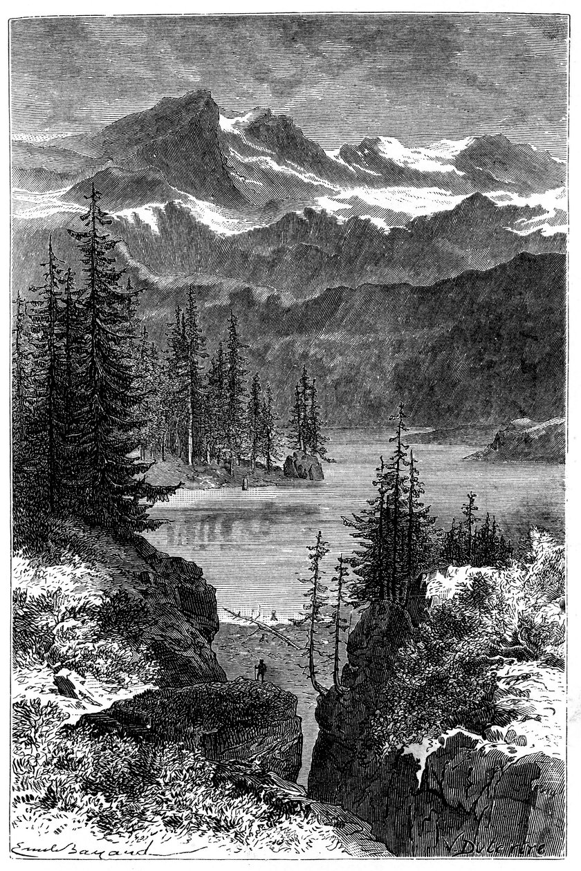 View of the Alps: forest, lake, peaks. Illustration by Emile Bayard for the book Les Montagnes d