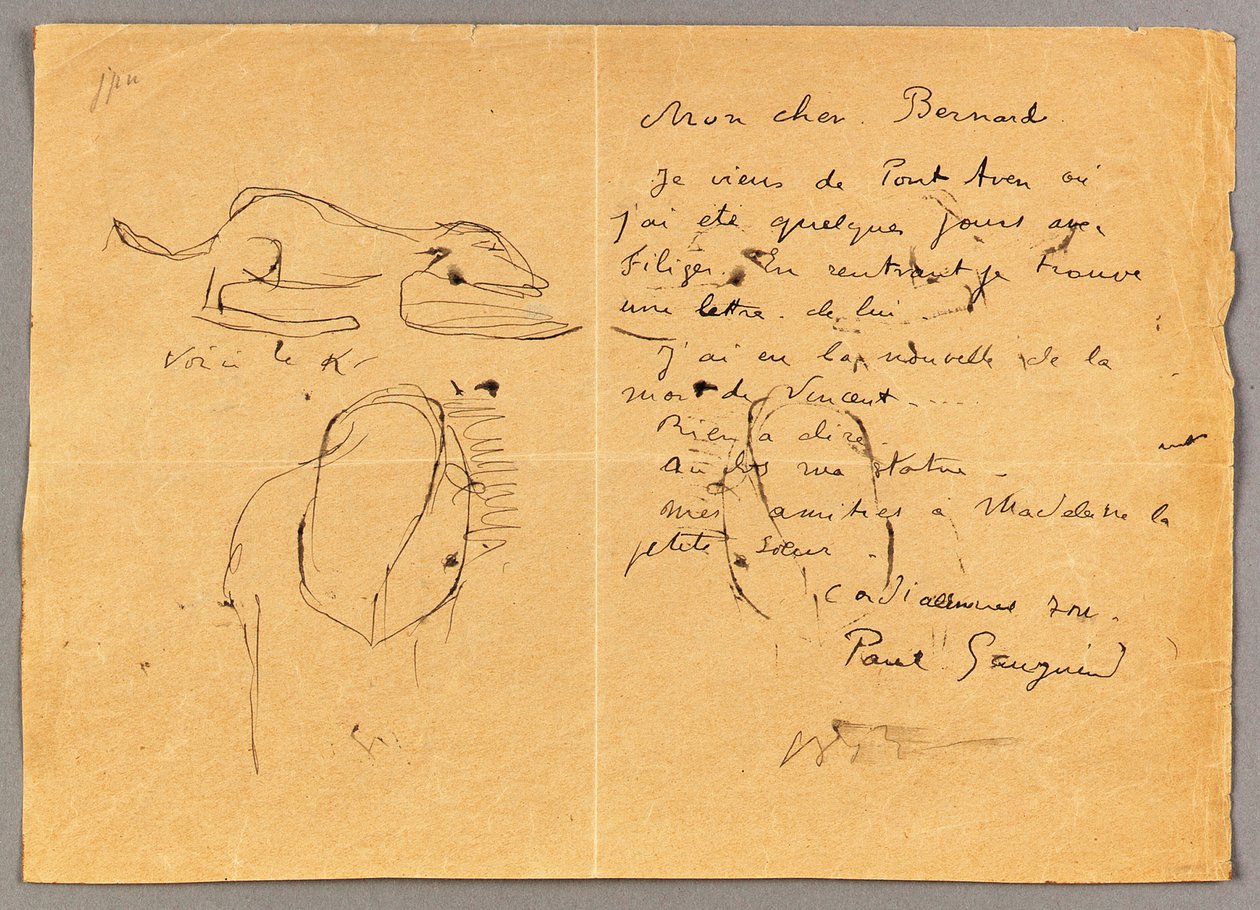 Letter to Emile Bernard with three ink sketches, noting the death of "Vincent", Tahiti by Emile Bernard