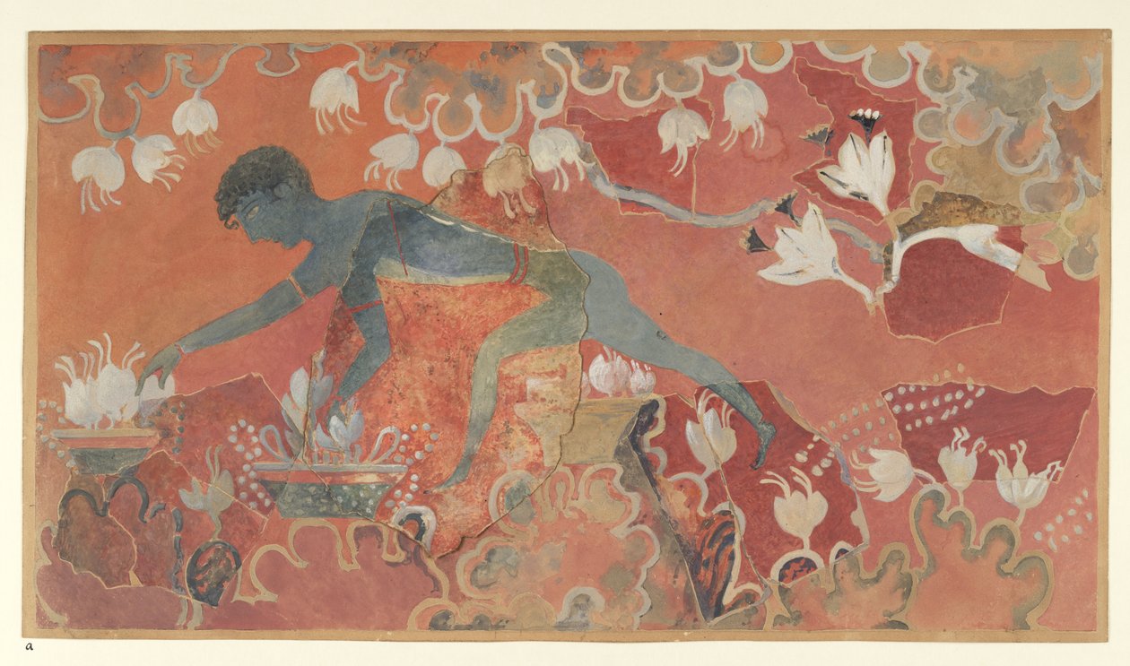 Painting of the Blue Monkey Saffron Gatherer fresco from the Palace of Minos at Knossos, circa 1921 by Emile Gilliéron