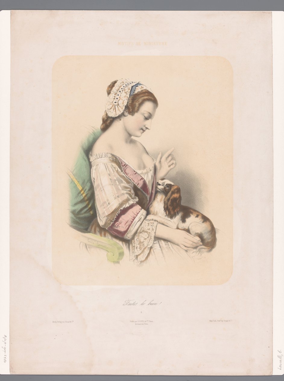 Young Woman Training Her Lapdog (Motifs de miniature series) by Emile Lassalle