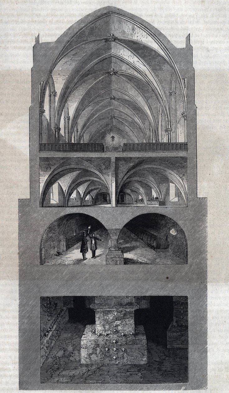 Cross section of the Napoleon high school in Paris (today, Lycee Henri IV). From top to bottom: the refectory, the kitchen, the cellars, the catacombs. Engraving by Therond. In 