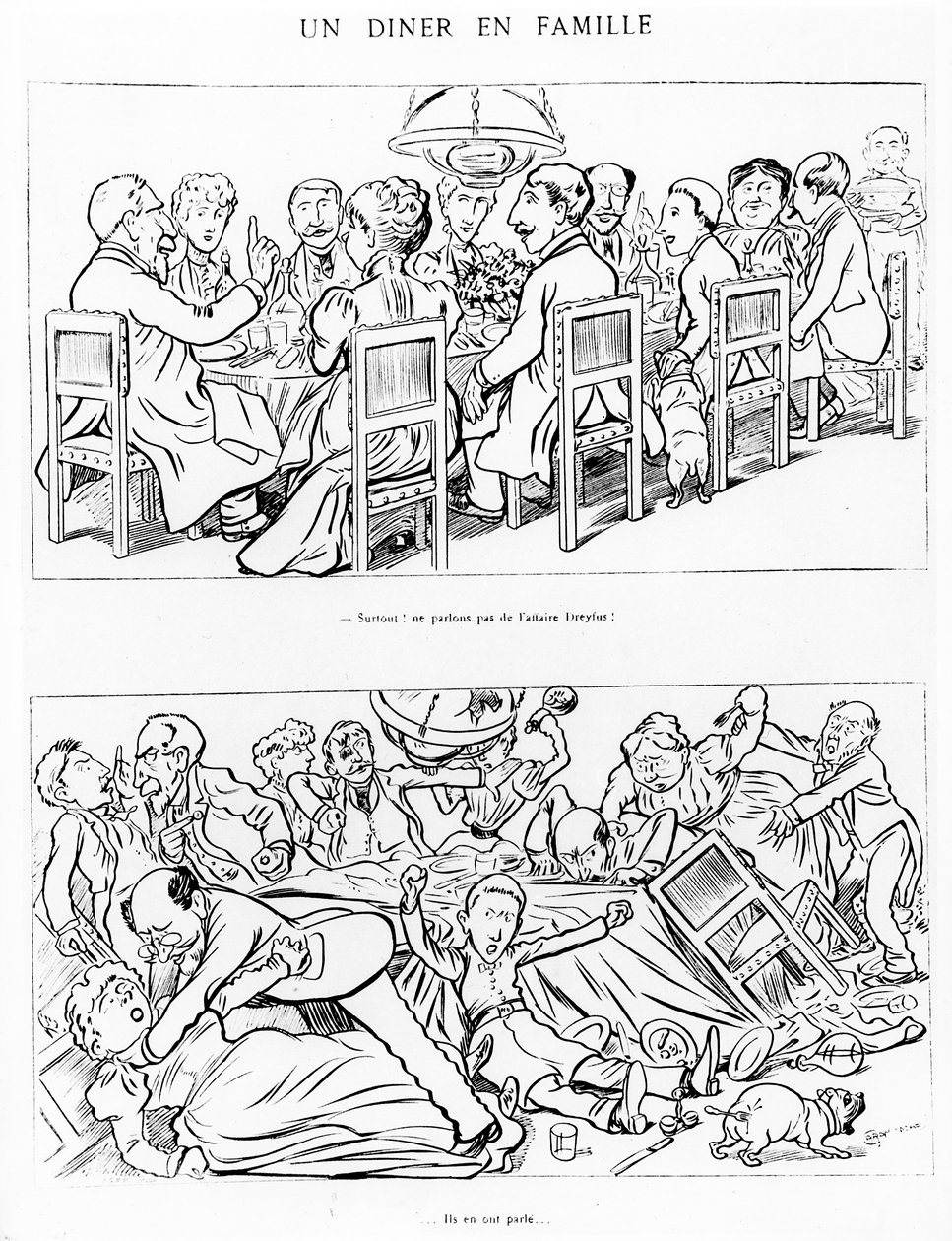 Caricature of a family dinner before and after having talked about the Dreyfus Affair by Emmanuel Poire Caran D