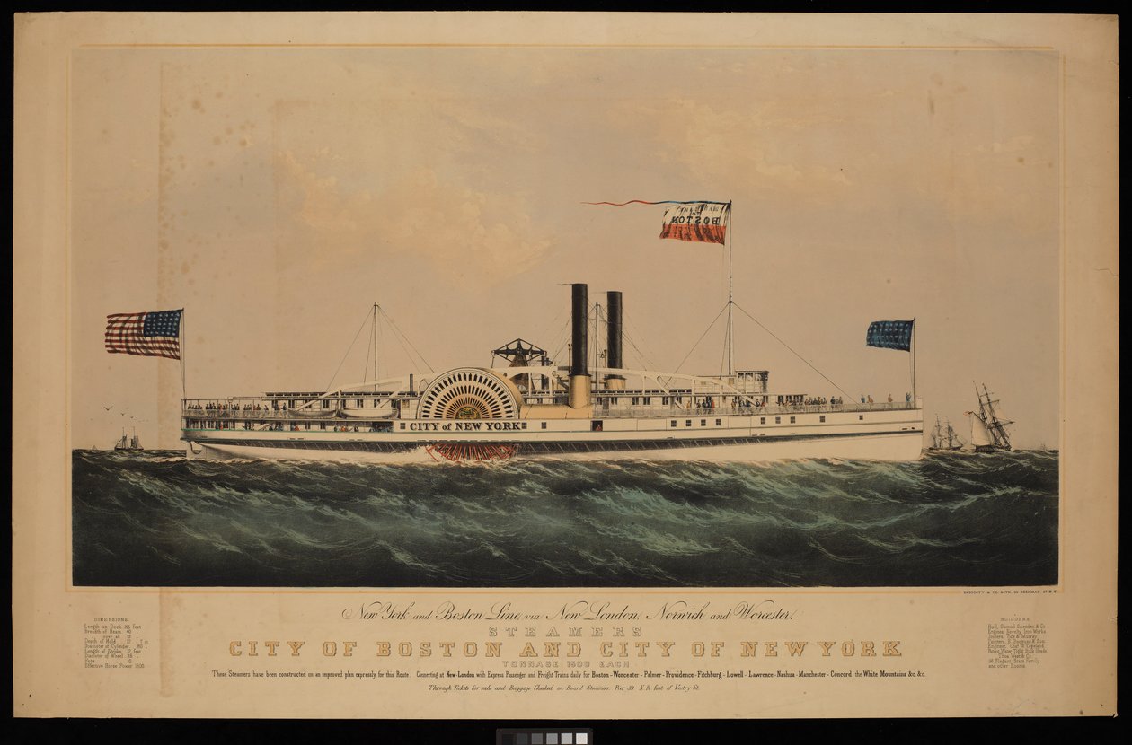 New York and Boston Line, via New London, Norwich and Worcester steamers City of Boston and City of New York by Endicott Endicott