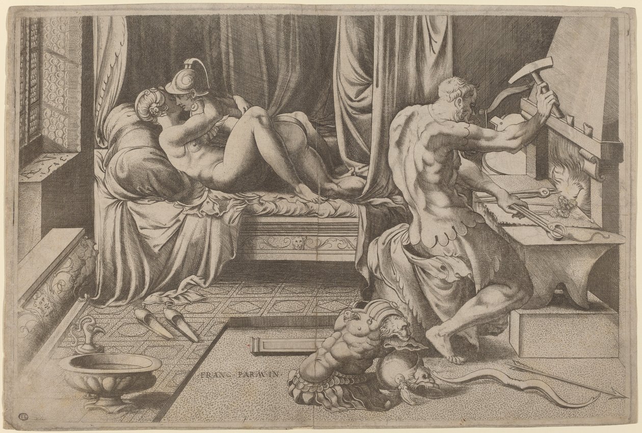Venus and Mars Embracing with Vulcan at his Forge by Enea Vico after Parmigianino