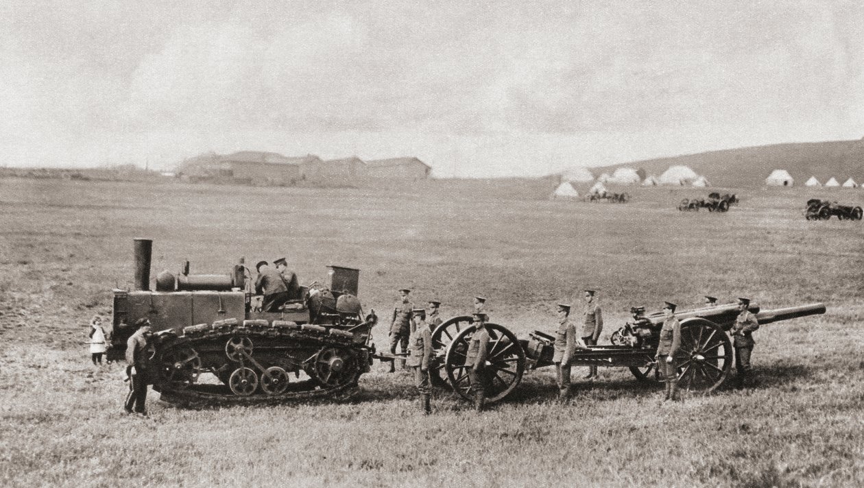 A caterpillar wheeled traction engine drawing a British heavy gun during World War I, from 