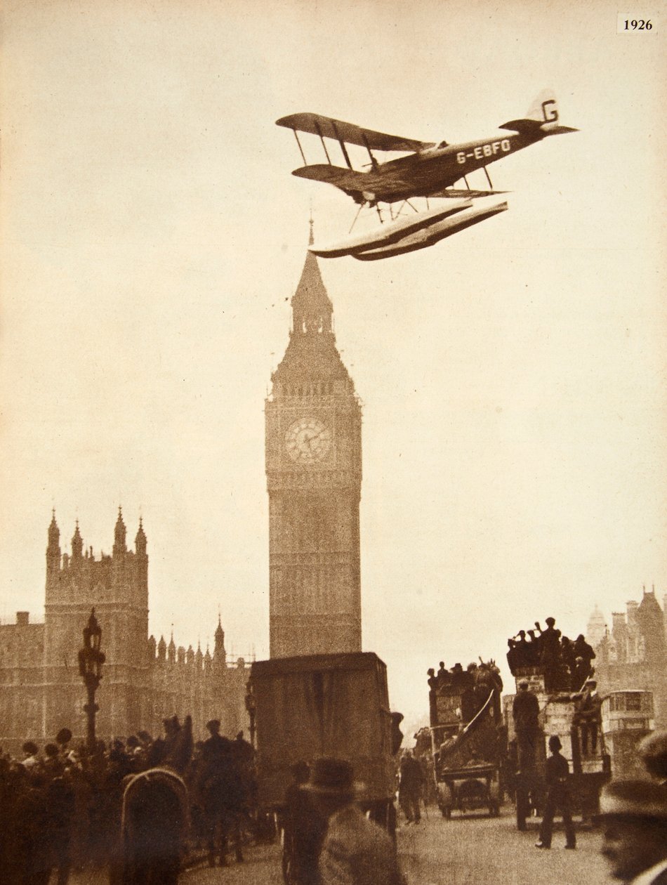 Alan Cobham coming in to land on the Thames at Westminster, London, 1926 by English Photographer
