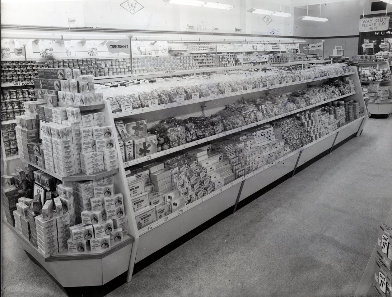 Confectionary aisle, Woolworths store by English Photographer