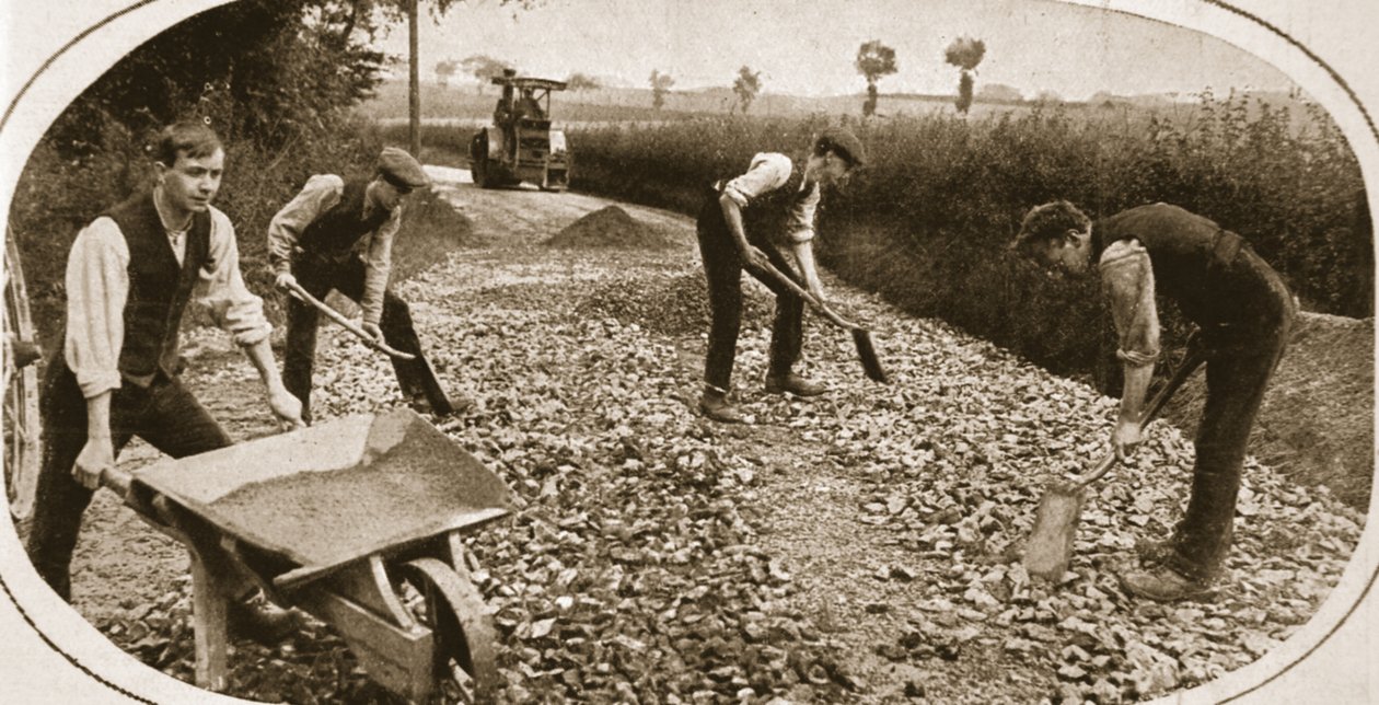 Conscientious Objectors usefully employed: Men of the N.C.C. on a military road, illustration from 