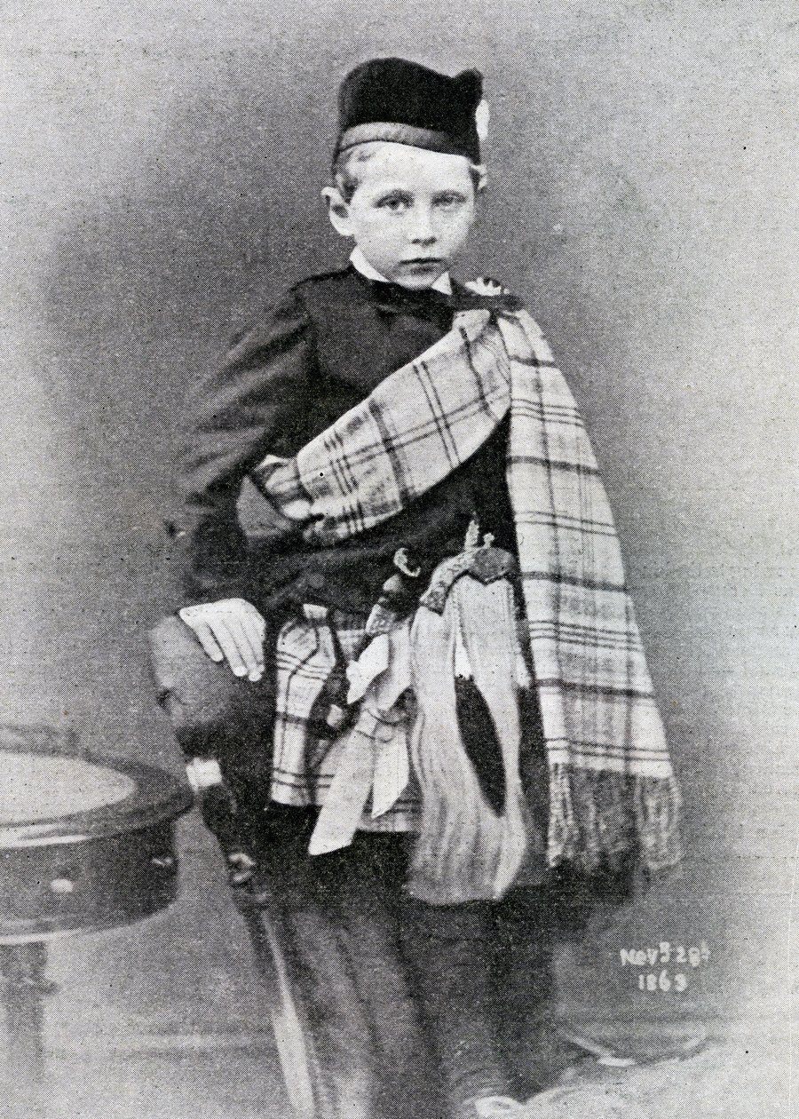 Kaiser Wilhelm II photographed at the age of 4 in the kilt worn for the wedding of his uncle, Edward, Prince of Wales to Princess Alexandra of Denmark, 1863 by English Photographer