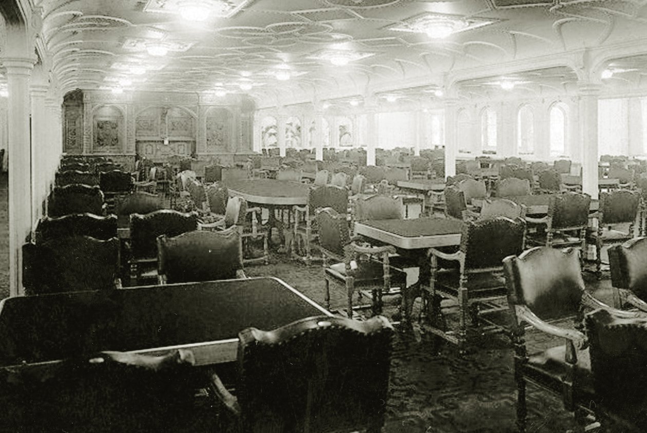 RMS Titanic: 1st Class Dining Saloon on D-Deck, 1912 by English Photographer