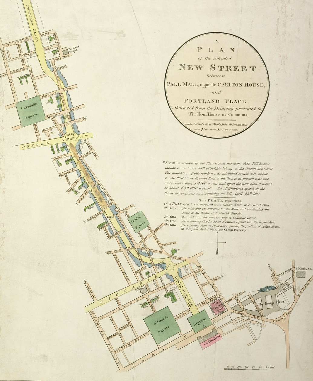 A Plan of the Intended New Street between Pall Mall, opposite Carlton House, and Portland Place, designed by John Nash, published by J. Booth, 1818 by English School