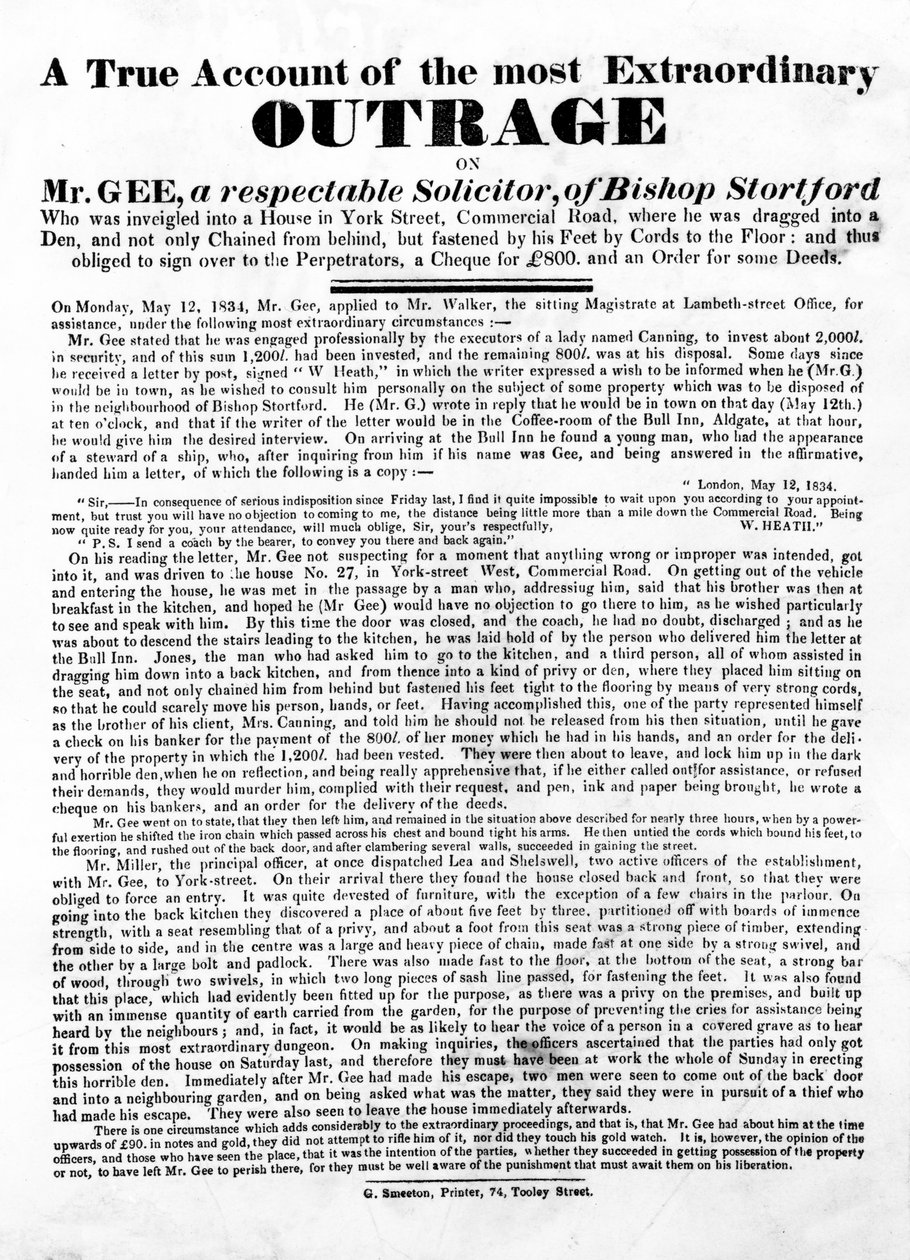 A True Account of the Most Extraordinary Outrage on Mr Gee, 1834 by English School